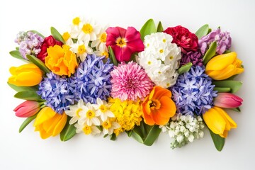 Vibrant spring flower arrangement with tulips, hyacinths, and daffodils on white background