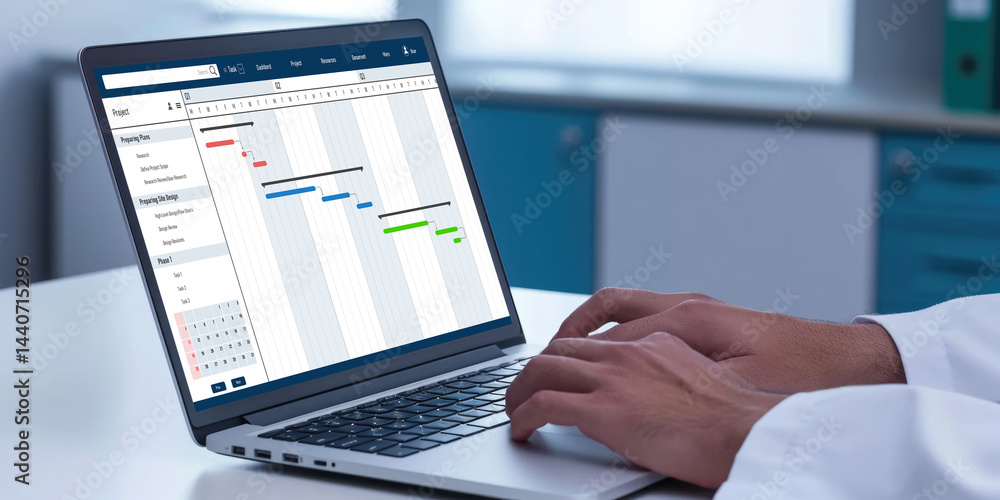 Poster project planning software for brisk business project management on the computer screen showing timel
