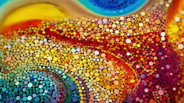 An exploration of vibrant color patches transitions through waves of round shapes, showcasing a dynamic blend of hues from blue to orange over an abstract background