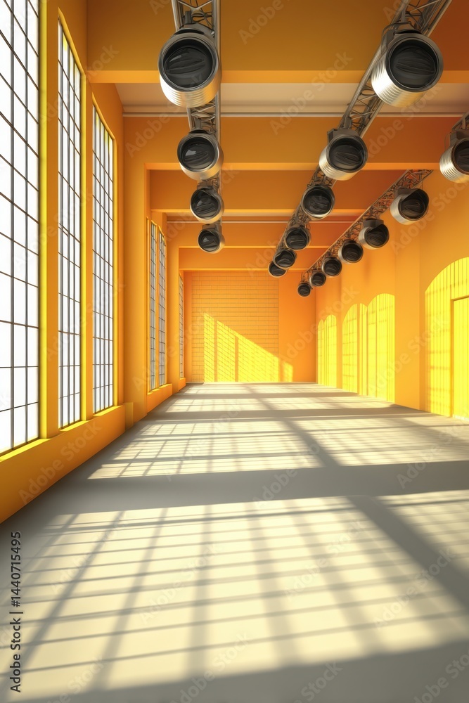 Poster bright yellow industrial space with large windows and modern lighting fixtures casting shadows on th