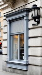 Naklejka premium Modern roller shutter on window with grey aluminum slats and black head, showcasing design in daylight with no reflections or shadows