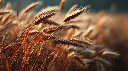Golden wheat field at sunset with soft focus and warm light
