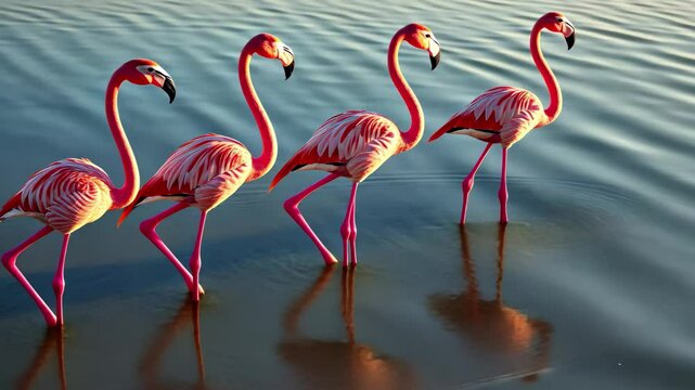 Four flamingos gracefully walking across a serene sandbar in perfect harmony during a calm evening, reflecting the vibrant hues of the sky and water