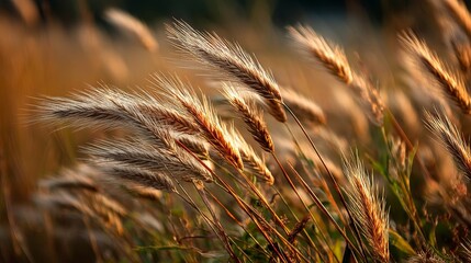 Golden wheat field at sunset with sunlit stalks swaying in the wind
