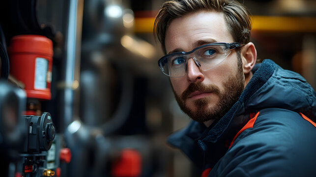 Technician in safety gear inspecting a furnace unit, emphasizing routine maintenance and safety checks