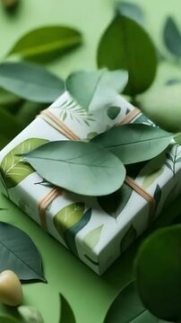 A gift wrapped in eco-friendly paper with a leaf design.