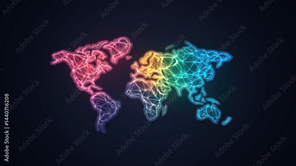 Poster world map rainbow world map with rainbow colored lines connecting different countries, dark backgrou