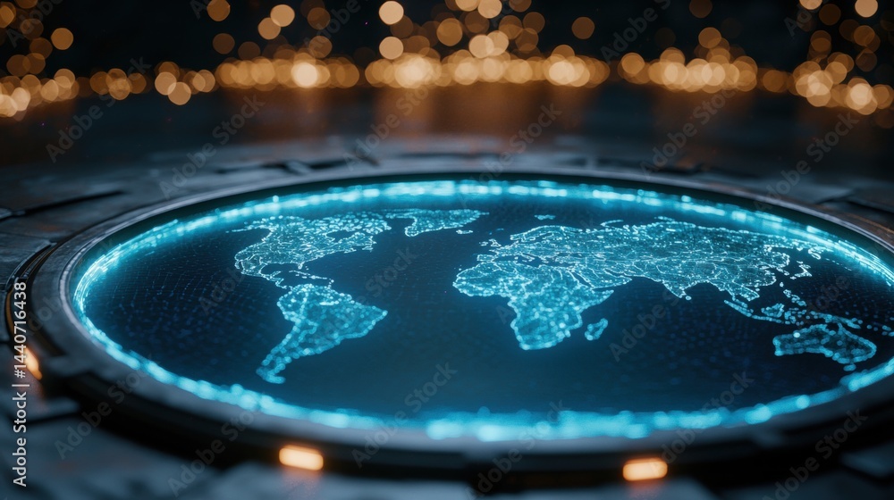 Poster world map futuristic 3d interface interactive 3d world map with holographic interface, futuristic co