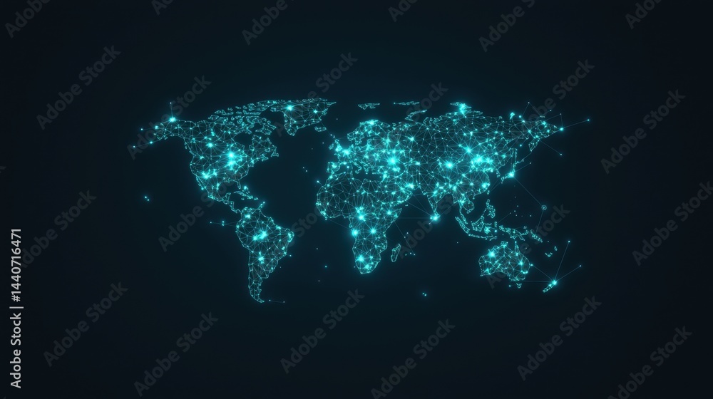 Poster world map futuristic 3d interface holographic projection of a rotating 3d world map, dark background