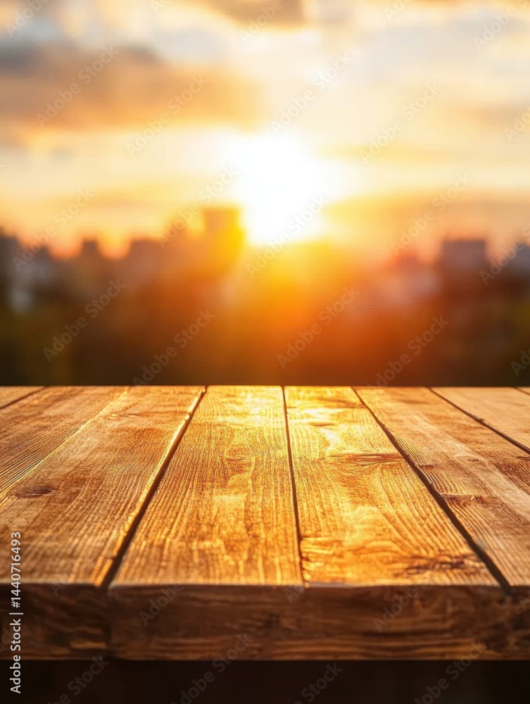 Poster rustic wooden table against a blurred cityscape backdrop during a vibrant sunset creating a warm inv