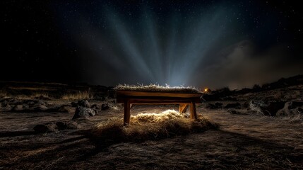 Illuminated Manger Under the Starlit Sky: A manger, bathed in ethereal light, stands against a backdrop of a serene starlit sky, evoking a sense of divine tranquility and hope. 