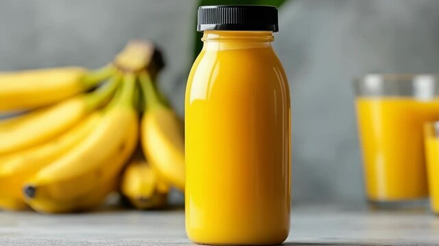 On a light background is a bottle of banana juice. On the bottle is an empty label and space for an inscription, next to it is a glass of juice and a banana.