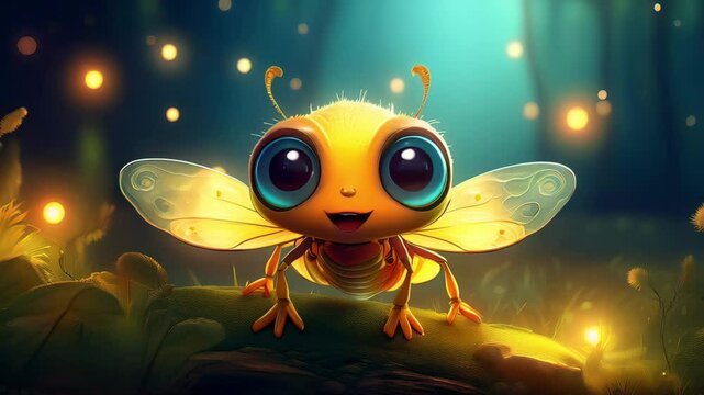 Cute Cartoon Firefly Lightening Bug Dancing in the Forest
