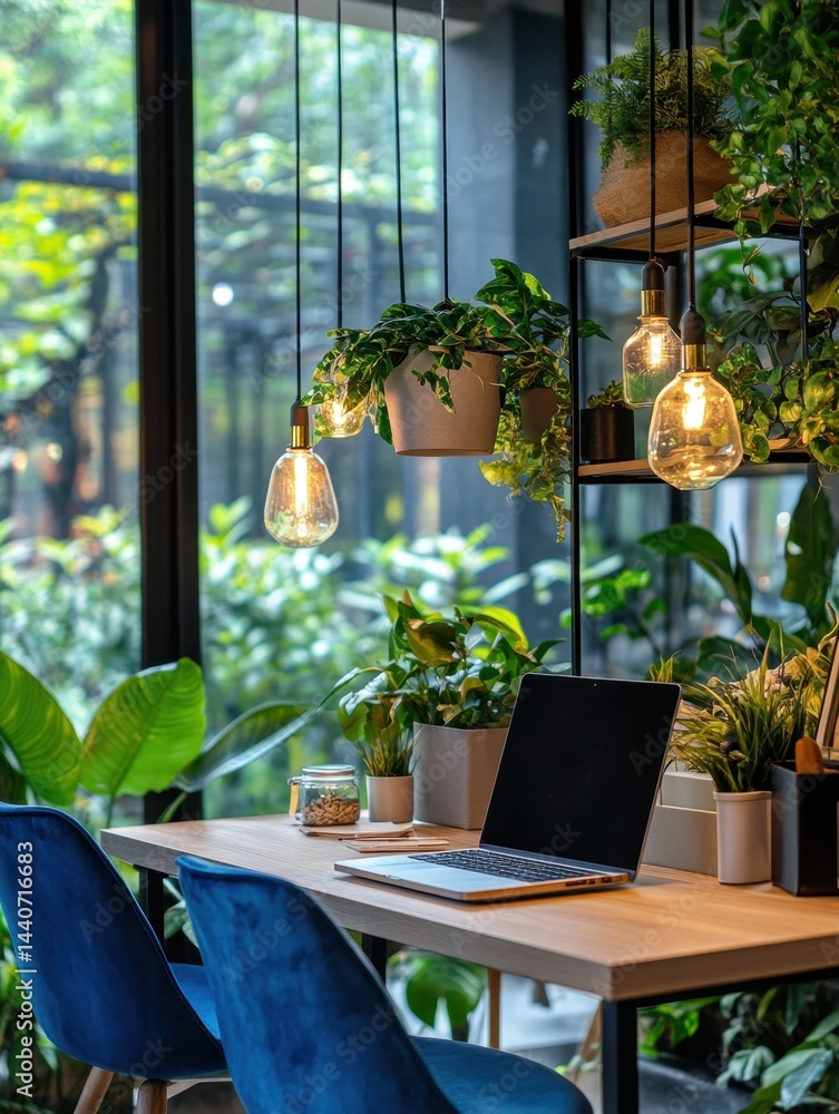Poster Bright and airy office space with laptop and plants creating a productive and inviting work environment with natural light and modern design elements