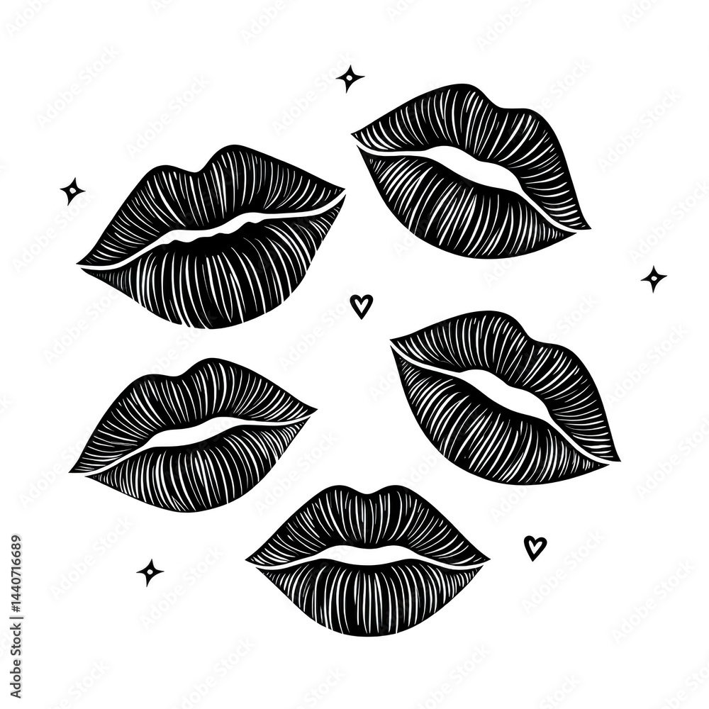 Poster five black and white lip illustrations are arranged with small stars and hearts, creating playful an