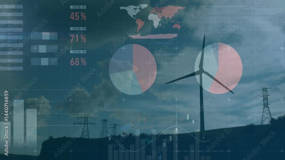 Poster wind turbine silhouette appearing on sloping ridge, with pylons pulsing data charts over world map