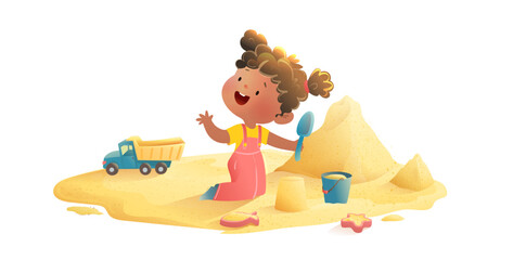 Cute Little African American Girl playing with Toys and Sand in Sandbox. Small Girl playing outside in playground, happy childhood. Vector isolated clip art cartoon illustration for preschool children