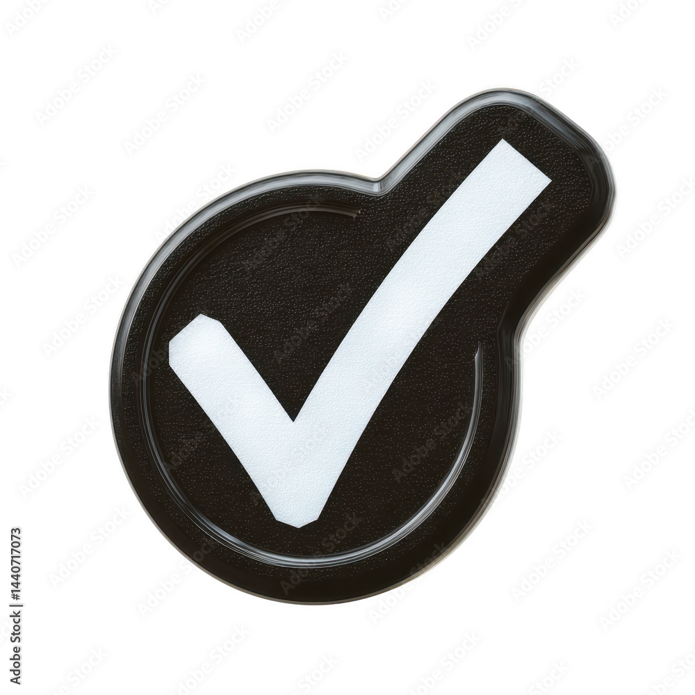 Poster bold black check mark icon with white tick symbol, representing approval or completion, isolated on 