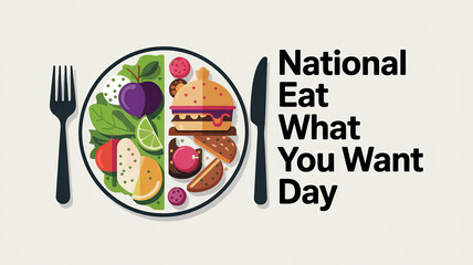 National Eat What You Want Day lettering greeting poster. Dinner plate split into sections: one side healthy, the other dessert, fast food generative ai