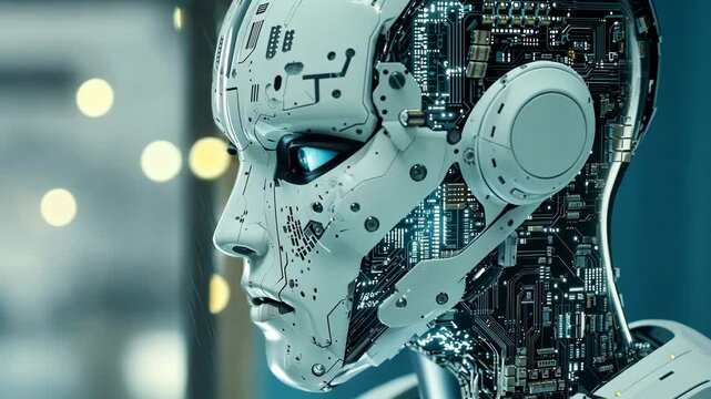 Futuristic robot with lifelike features demonstrates sophisticated movement in hightech environment