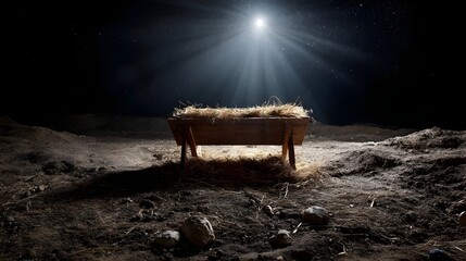 Manger Under the Star: A wooden manger filled with hay rests under a celestial spotlight, casting a warm glow over the scene, suggesting the miraculous birth of hope and salvation.