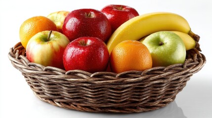 a basket of fresh fruit with apples, bananas, and oranges on a white isolated background, healthy and vibrant look