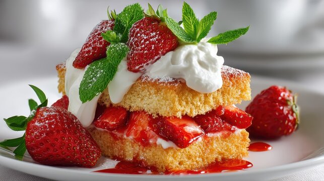 a delicious strawberry shortcake with whipped cream and fresh berries on a white isolated background, sweet and indulgent look