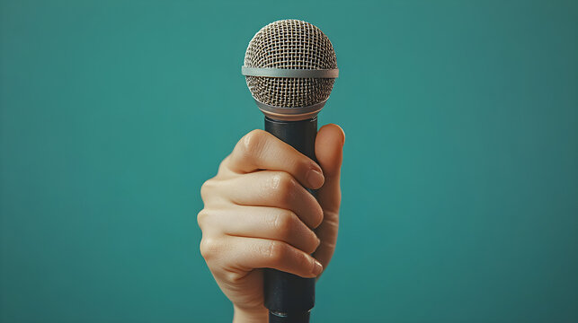 Raised hand gripping a microphone, symbolizing empowerment through public speech - Powered by Adobe