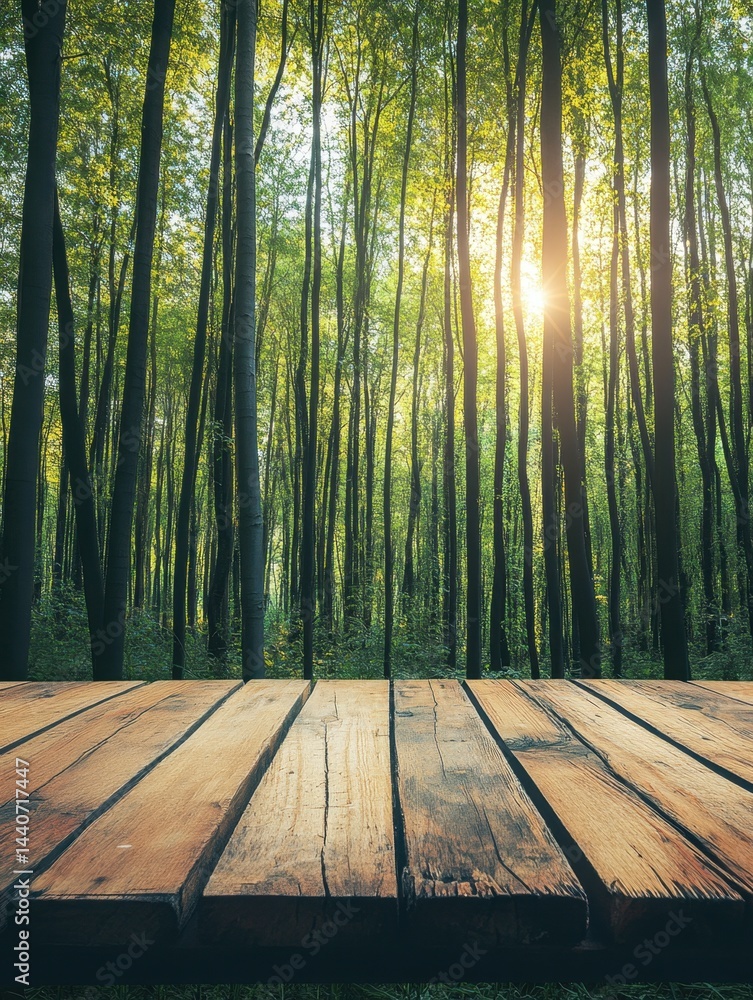 Poster serene forest backdrop with sunlight filtering through trees and rustic wooden planks creating a tra
