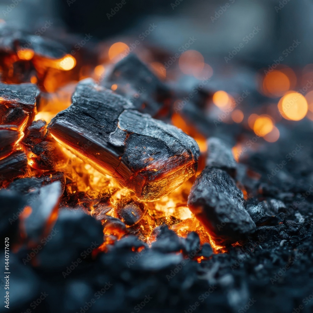 Poster glowing ember detail capturing the intense heat and texture of burning charcoal with bokeh backgroun