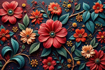 Intricate woven threads, floral motifs, rich texture, graphic, digital