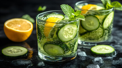 Fototapeta premium Refreshing drink with cucumber, lemon, mint, and avocado, symbolizing detox and energy