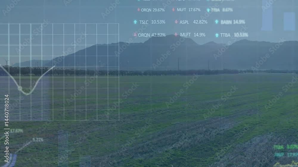 Poster green field showing stretching crop rows with rising wind turbines overlaying data visuals