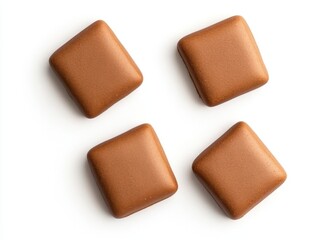 Fototapeta premium Four brown diamond shaped candies on a white background creating a simple and clean composition with a minimalist aesthetic and a soft diffused light from above