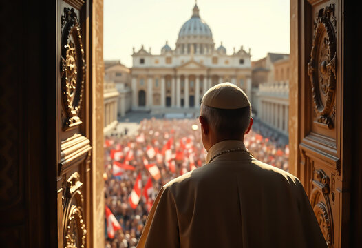 Pope of the Catholic Church looking at the crowd in St. Peter's Square, in the Vatican