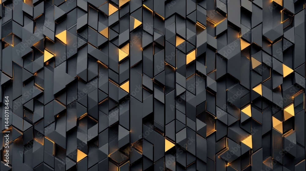 Poster abstract geometric dark gray and gold triangular pattern background.