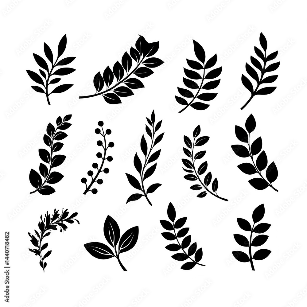Poster silhouette of various leaf designs black, showcasing different shapes and arrangements. collection i