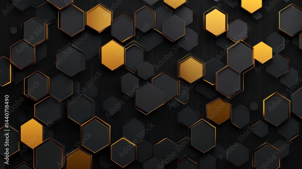 Poster abstract 3d hexagon pattern with gold and black elements on dark background.