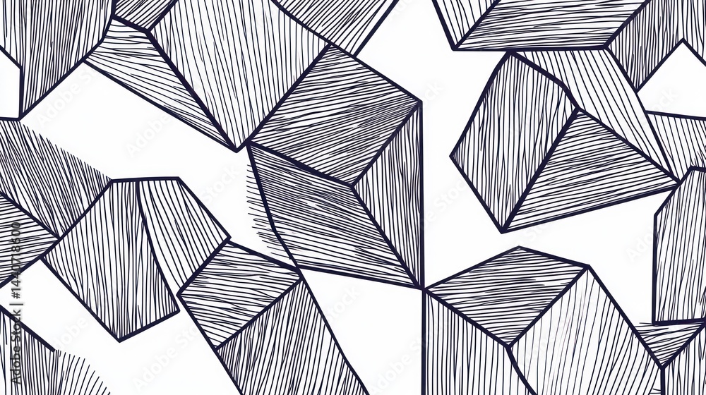 Poster abstract geometric pattern of hatched lines forming overlapping cubes on white background.