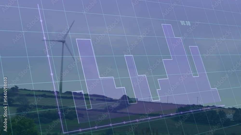 Poster wind turbine rotating on hills, displaying purple bar chart and line graph within flat design grid