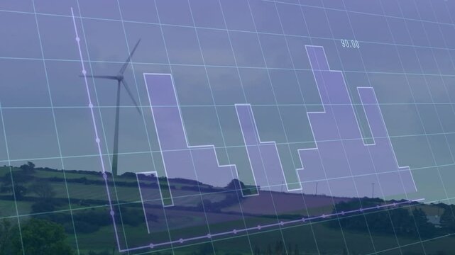 Wind turbine rotating on hills, displaying purple bar chart and line graph within flat design grid