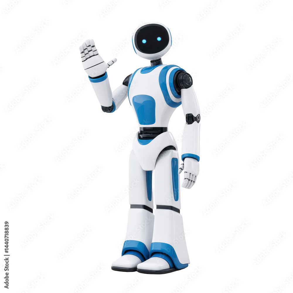 Poster humanoid robot with sleek design and blue accents is waving, showcasing advanced technology and frie
