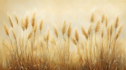 Tranquil field of wheat grasses swaying gently under soft light with a minimalist beige background, evoking peace and simplicity