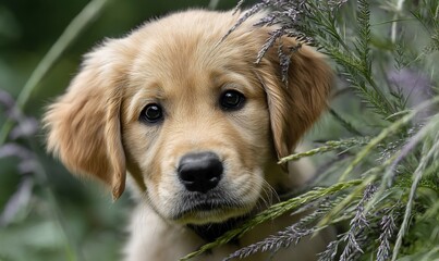 Golden puppy peeking through foliage a charming portrait