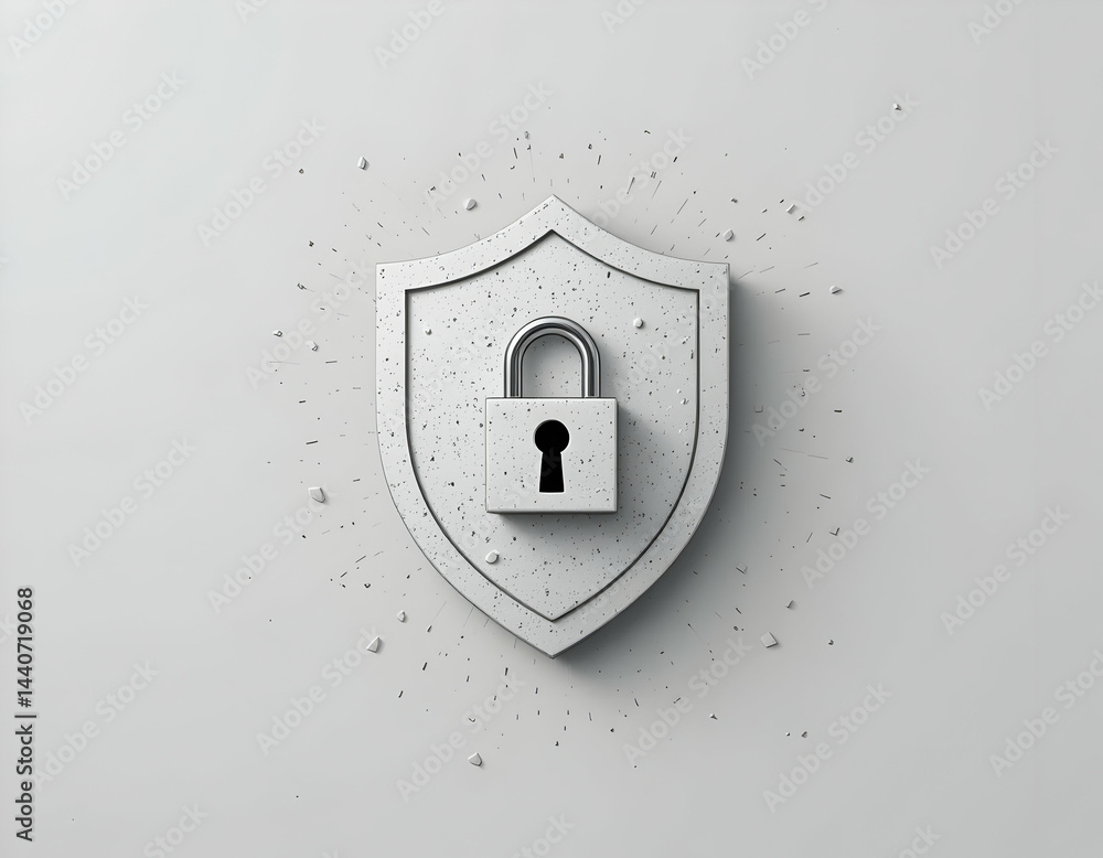Poster shield with padlock representing security on a clean white background