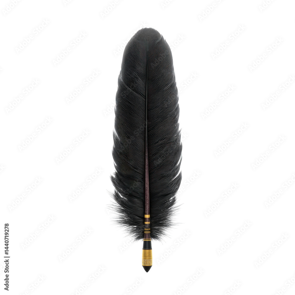Poster Single black feather with gold tip, isolated on transparency background, showcases elegance and simplicity. feather texture and color contrast beautifully, creating striking visual