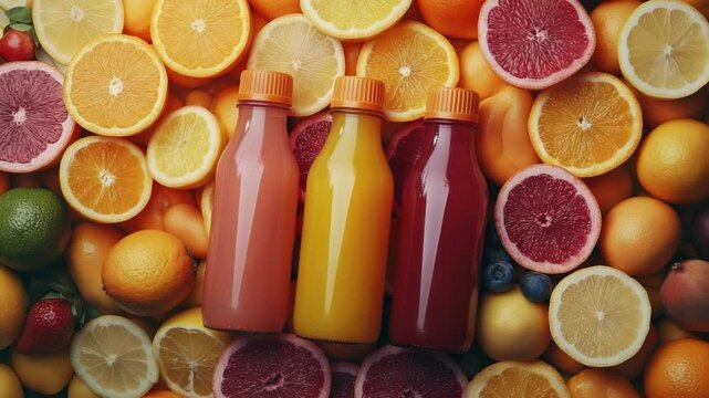 Bottles of juice and smoothie of different colors on a background of fruits. Advertising shot. Top view.