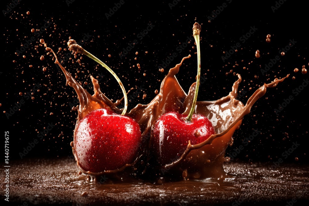 Poster two plump cherries in a chocolate splash against a dark backdrop capturing a sweet indulgence with a