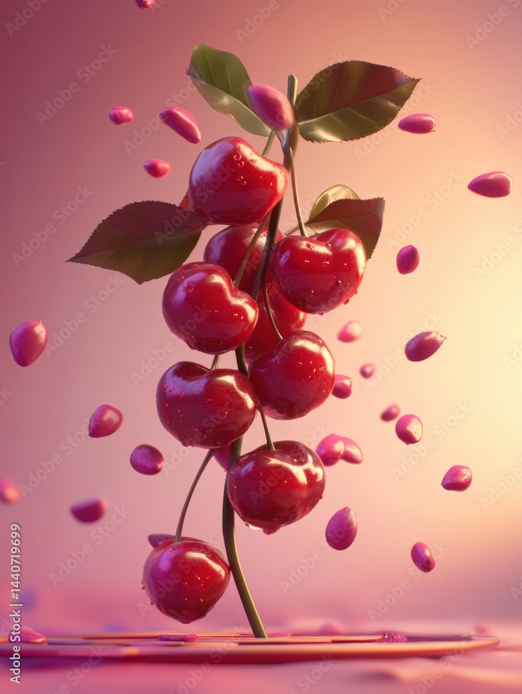 Poster cherries on a branch with leaves and petals falling in a pink background creating a vibrant and invi