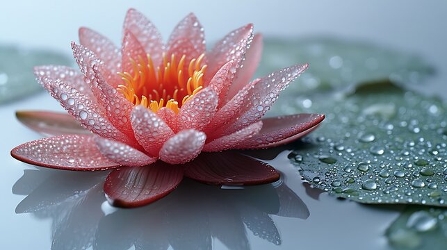 Delicate pink lotus flower with water droplets.